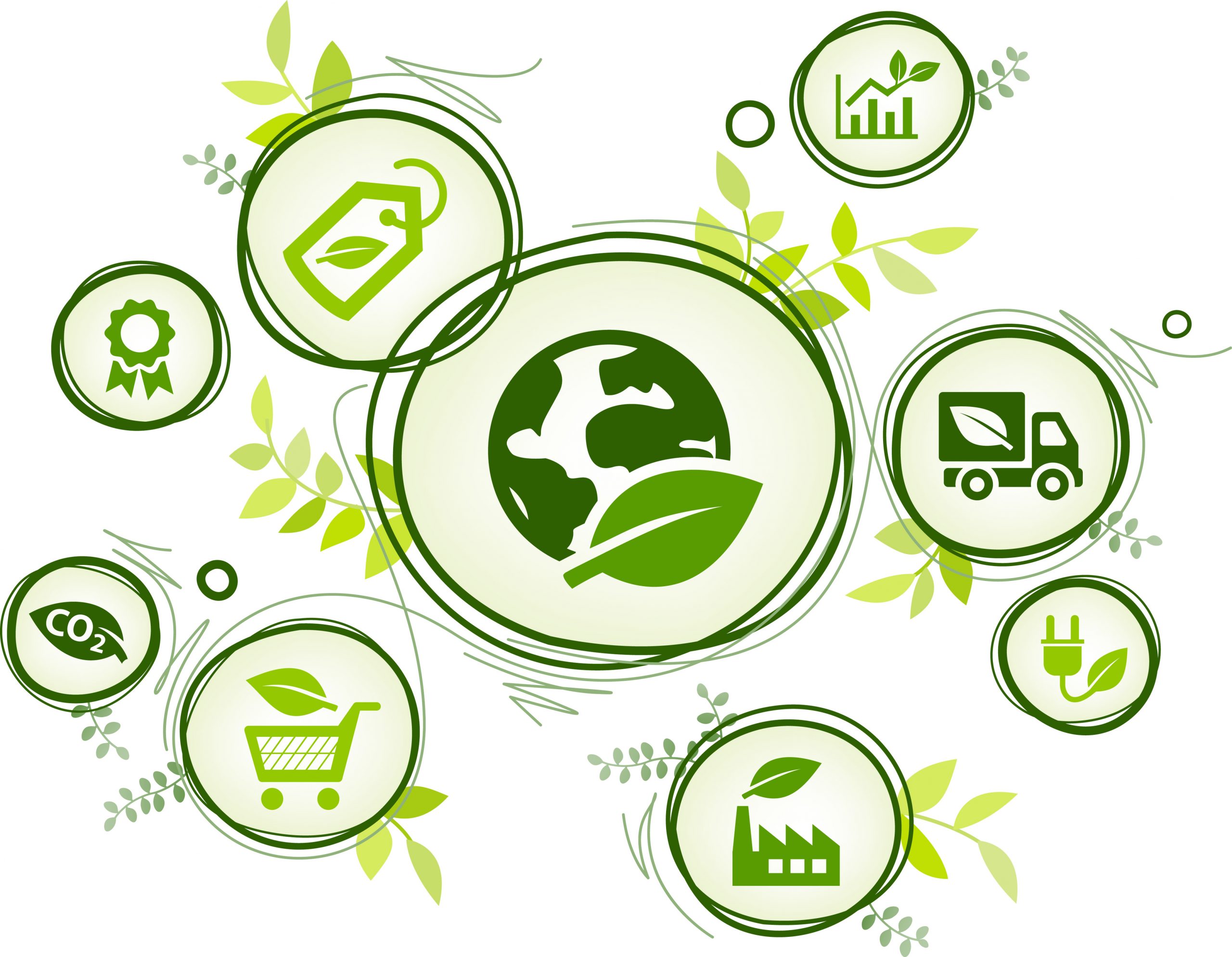 Grüne Symbole rund um eine Weltkugel: Energie, Logistik, Produktion, CO2